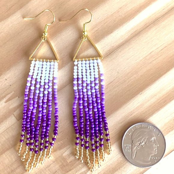 Gradient Colors Gold Triangle Body Hand Beaded Seed Bead Tassel Dangle Earrings - Picture 8 of 15